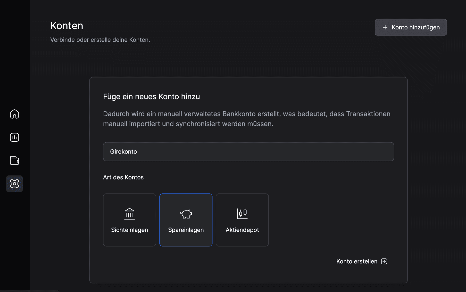 Finance Tracker Screenshot showing the Accounts page where users can add and manage their bank accounts.