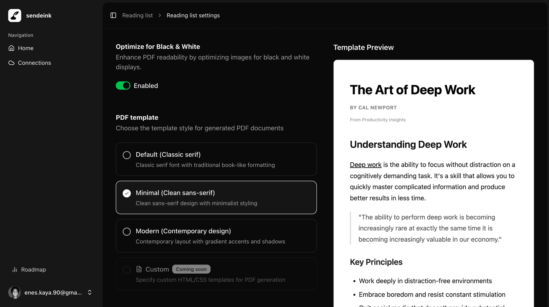 The settings page of SendEink where users can select themes for the PDFs sent.