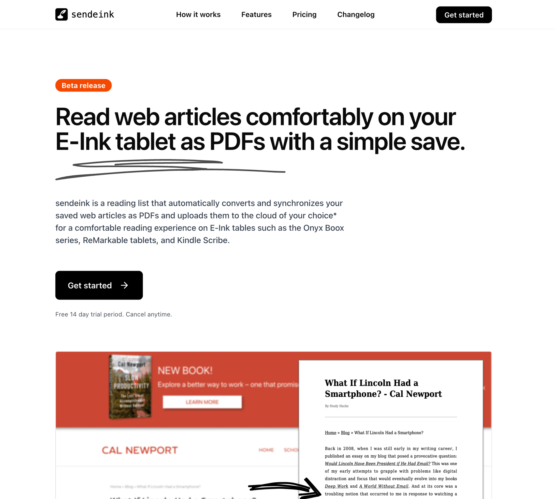 Screenshot of SendEink.com Landing Page
